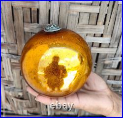 Antique Orange Glass 5.2 German Kugel Christmas Ornament Old 5 Leaves Cap 180