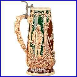 Antique Original Vintage Signed German Ceramic Glazed Figural Hunting Beer Stein Antique Original Vintage Signed German Ceramic Glazed Figural Hunting Beer Stein