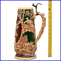 Antique Original Vintage Signed German Ceramic Glazed Figural Hunting Beer Stein Antique Original Vintage Signed German Ceramic Glazed Figural Hunting Beer Stein