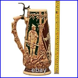 Antique Original Vintage Signed German Ceramic Glazed Figural Hunting Beer Stein Antique Original Vintage Signed German Ceramic Glazed Figural Hunting Beer Stein