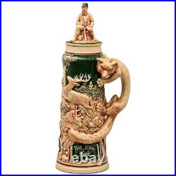 Antique Original Vintage Signed German Ceramic Glazed Fox Hunting Beer Stein