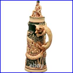 Antique Original Vintage Signed German Ceramic Glazed Fox Hunting Beer Stein