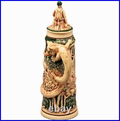 Antique Original Vintage Signed German Ceramic Glazed Fox Hunting Beer Stein