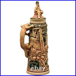 Antique Original Vintage Signed German Ceramic Glazed Fox Hunting Beer Stein