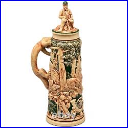 Antique Original Vintage Signed German Ceramic Glazed Fox Hunting Beer Stein