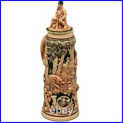 Antique Original Vintage Signed German Ceramic Glazed Fox Hunting Beer Stein
