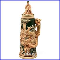 Antique Original Vintage Signed German Ceramic Glazed Fox Hunting Beer Stein