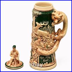 Antique Original Vintage Signed German Ceramic Glazed Fox Hunting Beer Stein