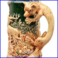 Antique Original Vintage Signed German Ceramic Glazed Fox Hunting Beer Stein