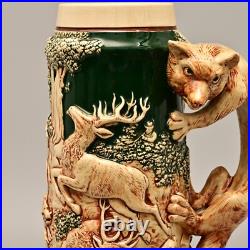 Antique Original Vintage Signed German Ceramic Glazed Fox Hunting Beer Stein