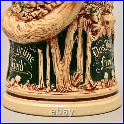 Antique Original Vintage Signed German Ceramic Glazed Fox Hunting Beer Stein