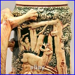 Antique Original Vintage Signed German Ceramic Glazed Fox Hunting Beer Stein