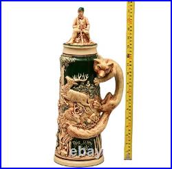 Antique Original Vintage Signed German Ceramic Glazed Fox Hunting Beer Stein