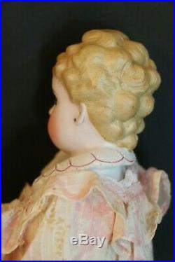 Antique Parian Doll w Glass Eyes 19 IN Fancy Hairdo Molded Collar, Pierced Ears