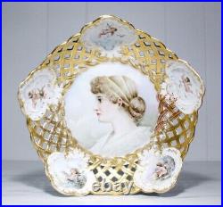 Antique Porcelain MEISSEN Hand Painted Reticulated Portrait Cherubs Bowl Plate
