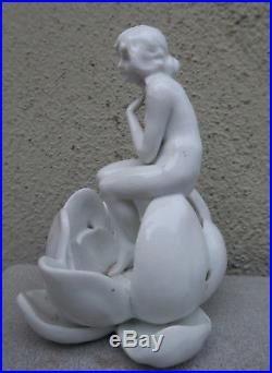 Antique Porcelain old vintage German Nude lady bathing beauty flower Frog LOTUS