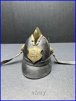 Antique Pre WWI 1870 German Leather Helmet with brass crest Lions On Sides