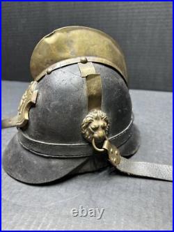 Antique Pre WWI 1870 German Leather Helmet with brass crest Lions On Sides