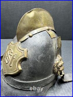 Antique Pre WWI 1870 German Leather Helmet with brass crest Lions On Sides