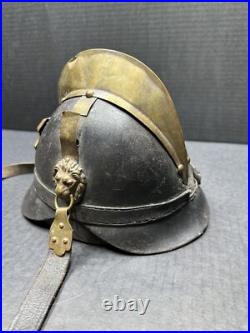 Antique Pre WWI 1870 German Leather Helmet with brass crest Lions On Sides