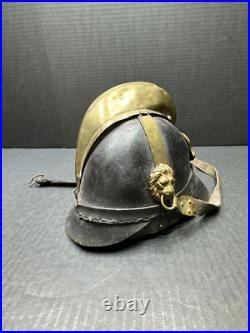 Antique Pre WWI 1870 German Leather Helmet with brass crest Lions On Sides Antique Pre WWI 1870 German Leather Helmet with brass crest Lions On Sides