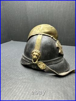 Antique Pre WWI 1870 German Leather Helmet with brass crest Lions On Sides