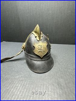Antique Pre WWI 1870 German Leather Helmet with brass crest Lions On Sides