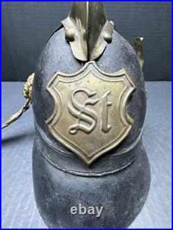 Antique Pre WWI 1870 German Leather Helmet with brass crest Lions On Sides