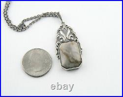 Antique Silver Arts & Crafts Deco Ivy Agate Pendant Necklace