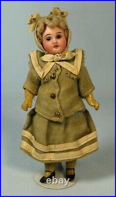 Antique Small German Bisque Head Doll Orig. Wig Dress 6.5 Sweet