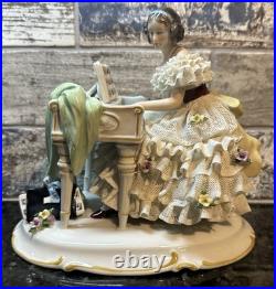 Antique Unterweissbach German Porcelain Dresden Lace Lady Playing Piano Antique Unterweissbach German Porcelain Dresden Lace Lady Playing Piano