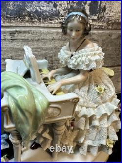Antique Unterweissbach German Porcelain Dresden Lace Lady Playing Piano Antique Unterweissbach German Porcelain Dresden Lace Lady Playing Piano