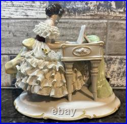 Antique Unterweissbach German Porcelain Dresden Lace Lady Playing Piano Antique Unterweissbach German Porcelain Dresden Lace Lady Playing Piano
