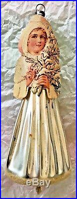 Antique VTG Paper Face Snow Girl W Pleated Glass Skirt German Christmas Ornament