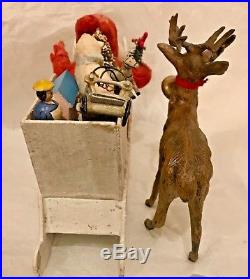 Antique VTG Santa In A Mica Candy Container Sled W Metal Deer Toys Tree German