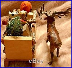 Antique VTG Santa In Sled Christmas Candy Container Metal Reindeer Toys German