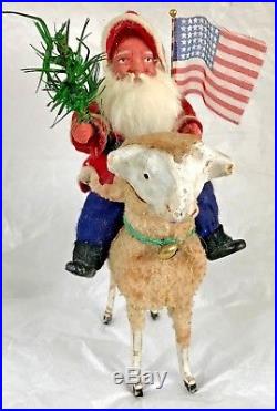 Antique Vintage 61/2 H Wooly Sheep W Santa Rider German Christmas Decoration