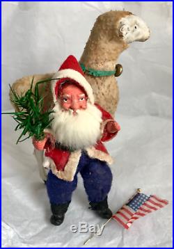 Antique Vintage 61/2 H Wooly Sheep W Santa Rider German Christmas Decoration