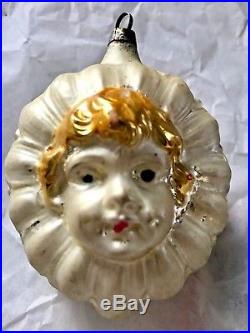 Antique Vintage Embossed Girls Face In A Daisy German Glass Christmas Ornament