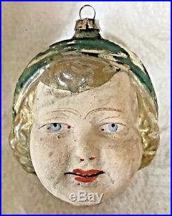 Antique Vintage Flesh Faced Flapper Girl Head German Figural Christmas Ornament