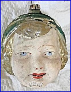 Antique Vintage Flesh Faced Flapper Girl Head German Figural Christmas Ornament