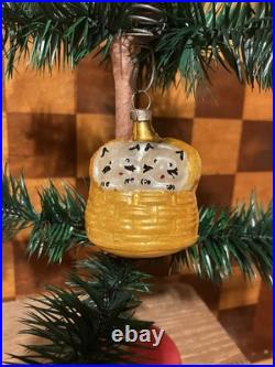 Antique Vintage German Blown Glass Kittens In A Basket Christmas Ornament