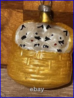 Antique Vintage German Blown Glass Kittens In A Basket Christmas Ornament