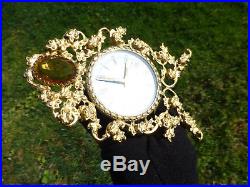 Antique Vintage German Gold Gilt Brass Mantel Alarm Clock With Yellow Topaz Gem