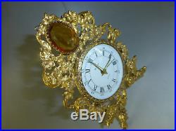 Antique Vintage German Gold Gilt Brass Mantel Alarm Clock With Yellow Topaz Gem