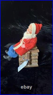 Antique Vintage German Paper Mache Santa On Log Candy Container Box