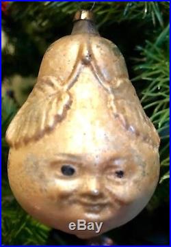 Antique Vintage Pear Face With Leaves Glass German Figural Christmas Ornament