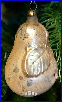 Antique Vintage Pear Face With Leaves Glass German Figural Christmas Ornament