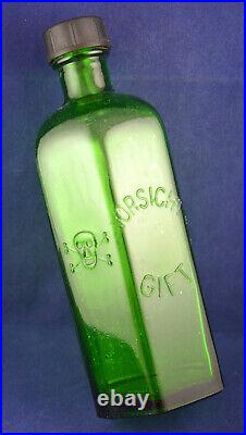 Antique Vintage Poison German Bottle Green Glass Death Head Skull Crossbones