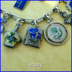 Antique Vintage Silver Enamel German Charm Bracelet Blue Theme Gentian Flowers
